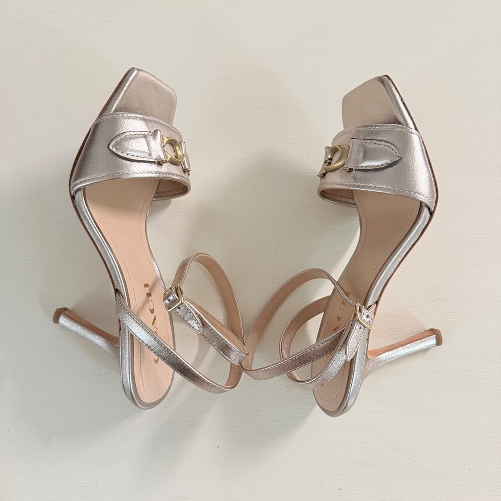 Coach Womens Metallic Gold Leather C Logo Square Toe Stiletto Sandals 6.5 - Picture 6 of 9